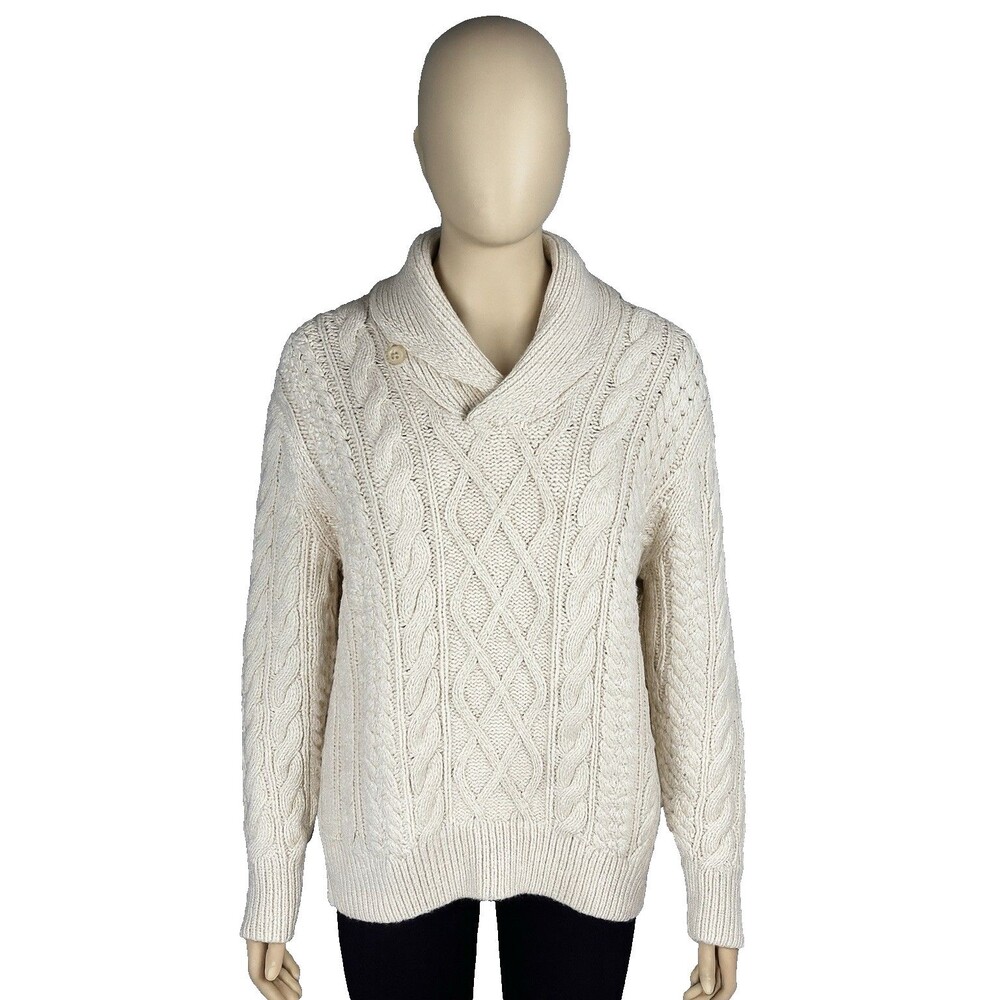 J. Crew Women's Sweater Cable-Knit Shawl Collar Fishermen  Cotton Ivory‎  Medium